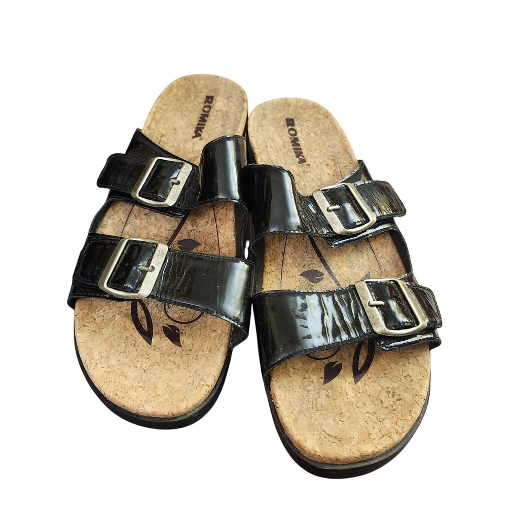 Romika Black Patent Leather Cork Sandals Slides Buckle Straps EU 42 US 11‎